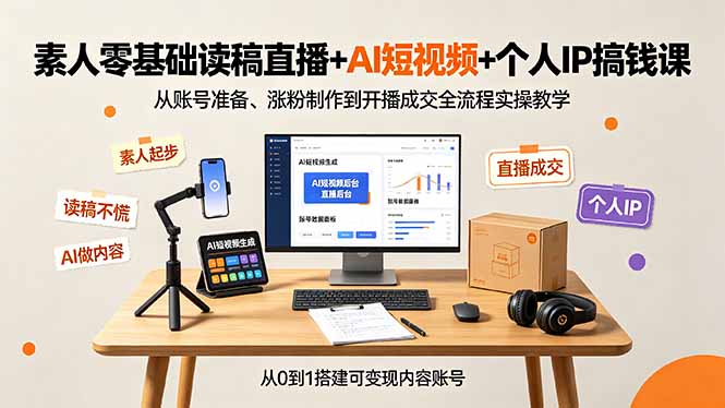 素人零基础读稿直播+AI短视频+个人IP搞钱课，从账号准备、涨粉制作到开播成交全流程实操教学-创业网 - 最新网络创业项目与实战营销教程平台 | cye.cc