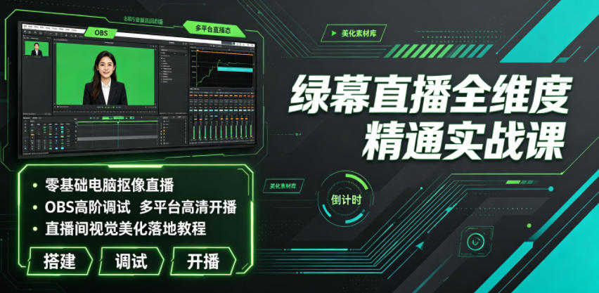 绿幕直播全维度精通实战课｜零基础电脑抠像直播、OBS高阶调试、多平台高清开播、直播间视觉美化落地教程-创业网 - 最新网络创业项目与实战营销教程平台 | cye.cc