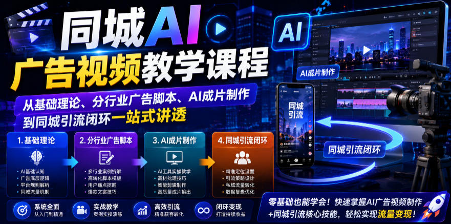 同城AI广告视频教学课程，从基础理论、分行业广告脚本、AI成片制作到同城引流闭环一站式讲透-创业网 - 最新网络创业项目与实战营销教程平台 | cye.cc