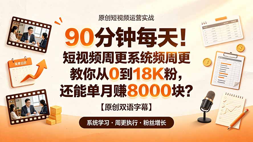 90 分钟每天！短视频周更系统教你从 0 到 18K 粉，还能单月赚 8000 块？【原创双语字幕】-创业网 - 最新网络创业项目与实战营销教程平台 | cye.cc