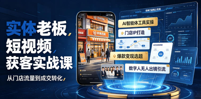 实体老板短视频获客实战课｜AI智能体工具全套实操、门店IP打造、爆款变现选题、数字人无人出镜引流完整教程-创业网 - 最新网络创业项目与实战营销教程平台 | cye.cc