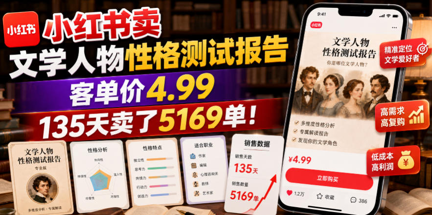 小红书卖文学人物性格测试报告，客单价4.99，135天卖了5169单！-创业网 - 最新网络创业项目与实战营销教程平台 | cye.cc