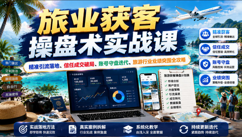 旅业获客操盘术实战课｜精准引流落地、信任成交破局、账号守盘迭代、旅游行业业绩突围全攻略-创业网 - 最新网络创业项目与实战营销教程平台 | cye.cc