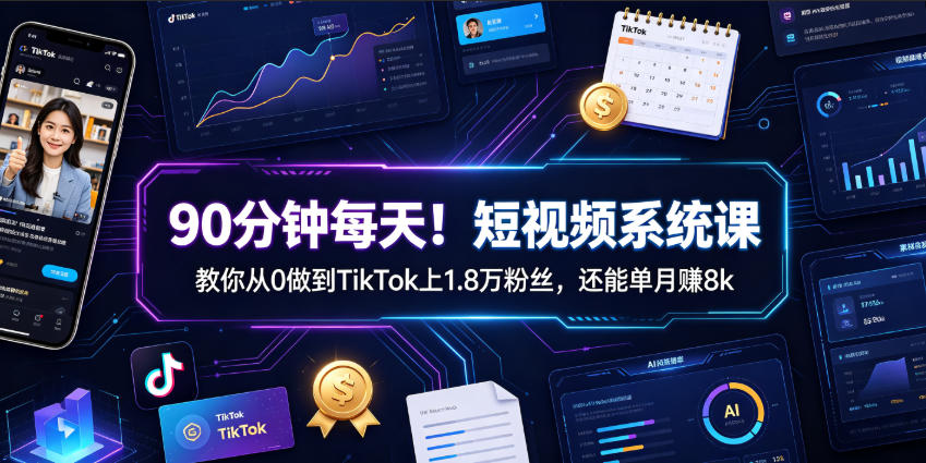 90分钟每天！短视频系统课教你从0做到TikTok上1.8万粉丝，还能单月賺8k【原创双语字幕】-创业网 - 最新网络创业项目与实战营销教程平台 | cye.cc