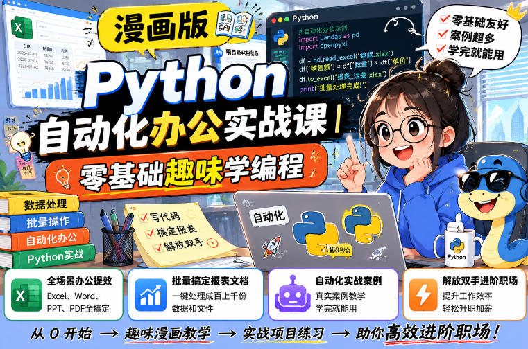 漫画版Python自动化办公实战课｜零基础趣味学编程，全场景办公提效、批量搞定报表文档、解放双手进阶职场-创业网 - 最新网络创业项目与实战营销教程平台 | cye.cc