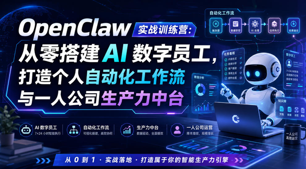OpenClaw实战训练营：从零搭建AI数字员工，打造个人自动化工作流与一人公司生产力中台-创业网 - 最新网络创业项目与实战营销教程平台 | cye.cc