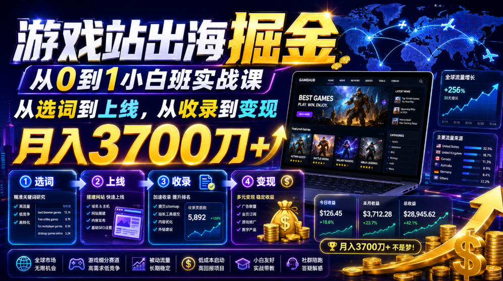游戏站出海掘金从0到1小白实战课，从选词到上线，从收录到变现，月入3700刀+-创业网 - 最新网络创业项目与实战营销教程平台 | cye.cc