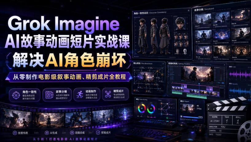 Grok Imagine AI故事动画短片实战课｜解决AI角色崩坏，从零制作电影级叙事动画、精剪成片全教程(中英字幕)-创业网 - 最新网络创业项目与实战营销教程平台 | cye.cc