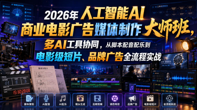 2026年人工智能AI商业电影广告媒体制作大师班，多AI工具协同，从脚本配音配乐到电影级短片、品牌广告全流程实战(中英字幕)-创业网 - 最新网络创业项目与实战营销教程平台 | cye.cc