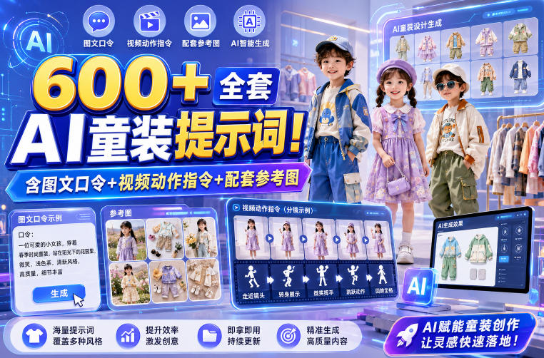600+全套AI童装提示词！含图文口令+视频动作指令+配套参考图，Word-Excel规整分类，童装电商、种草无脑量产内容！-创业网 - 最新网络创业项目与实战营销教程平台 | cye.cc