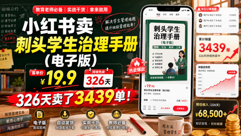 小红书卖刺头学生治理手册(电子版)，客单价19.9，326天卖了3439单！-创业网 - 最新网络创业项目与实战营销教程平台 | cye.cc