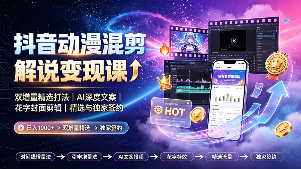 抖音动漫混剪解说变现课：双增量精选打法｜AI深度文案｜花字封面剪辑｜ 精选与独家签约日入1000+-创业网 - 最新网络创业项目与实战营销教程平台 | cye.cc