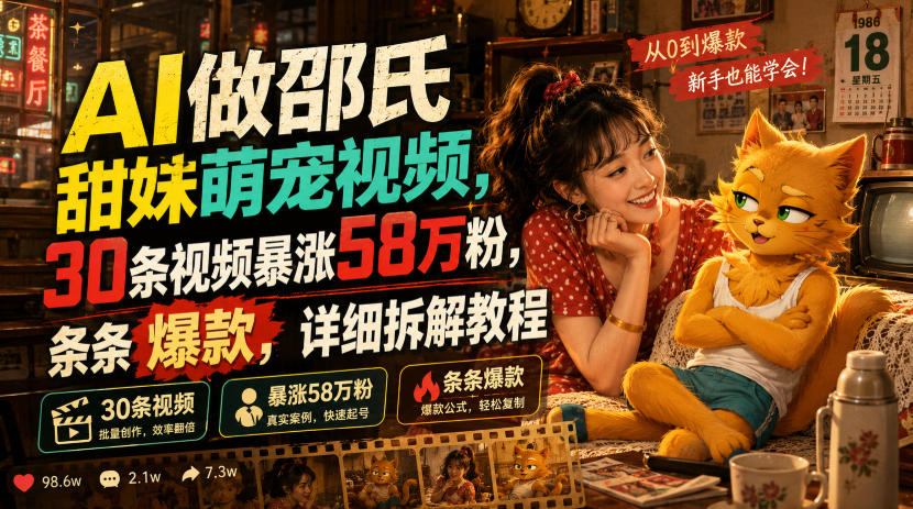 AI做邵氏甜妹萌宠视频，30条视频暴涨58万粉，条条爆款，详细拆解教程-创业网 - 最新网络创业项目与实战营销教程平台 | cye.cc