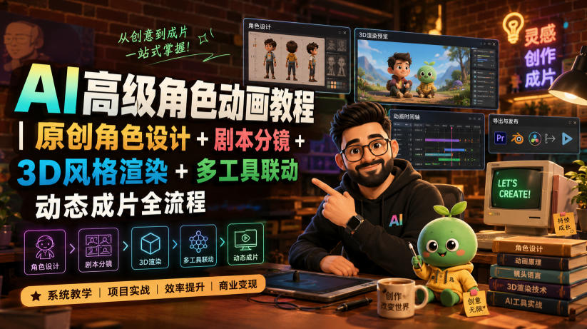 AI高级角色动画教程｜原创角色设计+剧本分镜+3D风格渲染+多工具联动动态成片全流程【中英字幕】-创业网 - 最新网络创业项目与实战营销教程平台 | cye.cc