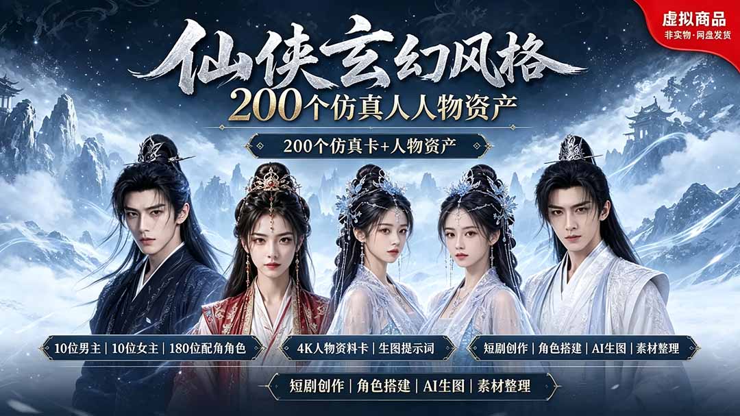 200个仙侠玄幻仿真人素材◆10男主×10女主×180配角，4K资料卡+AI生图提示词，漫剧必备-创业网 - 最新网络创业项目与实战营销教程平台 | cye.cc