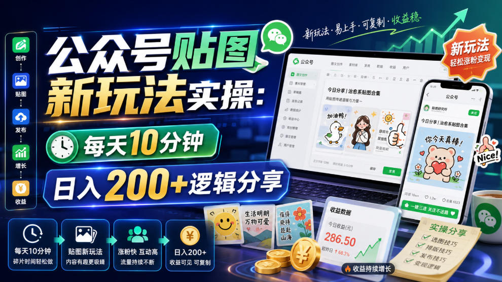 公众号贴图新玩法实操，每天10分钟，日入200+逻辑分享-创业网 - 最新网络创业项目与实战营销教程平台 | cye.cc