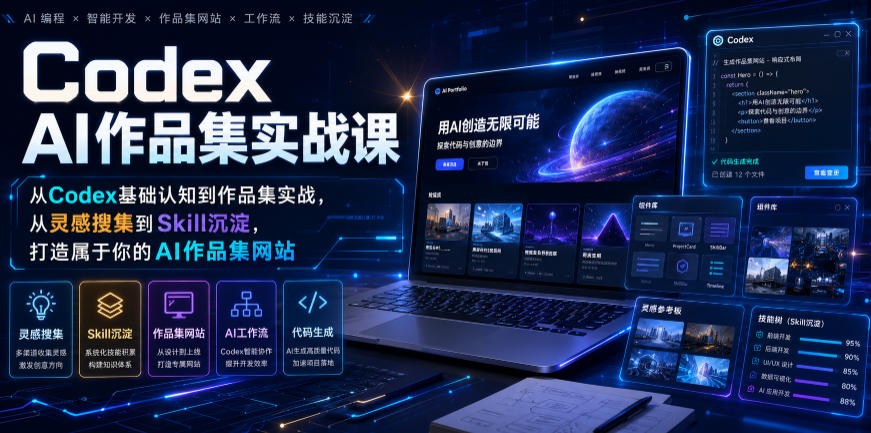 Codex AI作品集实战课，从Codex基础认知到作品集实战，从灵感搜集到Skill沉淀，打造属于你的AI作品集网站-创业网 - 最新网络创业项目与实战营销教程平台 | cye.cc