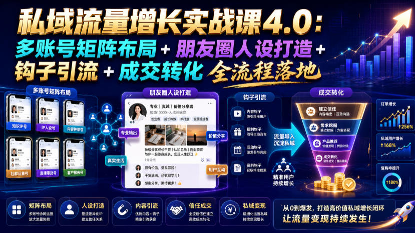 私域流量增长实战课4.0：多账号矩阵布局+朋友圈人设打造+钩子引流+成交转化全流程落地-创业网 - 最新网络创业项目与实战营销教程平台 | cye.cc