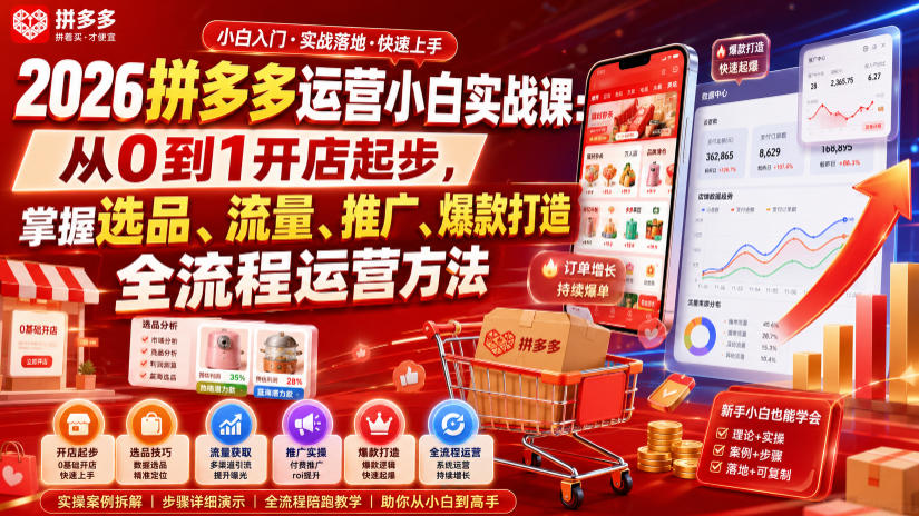 2026拼多多运营小白实战课：从0到1开店起步，掌握选品、流量、推广、爆款打造全流程运营方法-创业网 - 最新网络创业项目与实战营销教程平台 | cye.cc