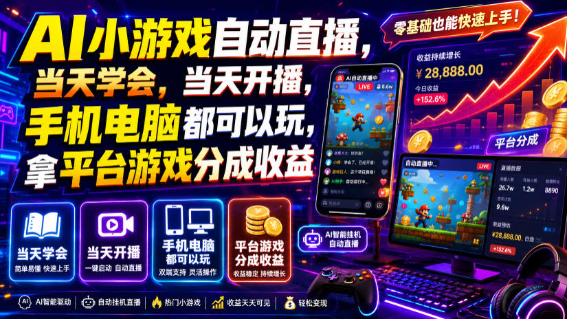 AI小游戏自动直播，当天学会，当天开播，手机电脑都可以玩，拿平台游戏分成收益-创业网 - 最新网络创业项目与实战营销教程平台 | cye.cc