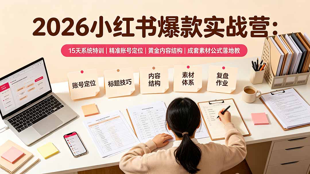 2026小红书爆款实战营：15天系统特训｜精准账号定位｜黄金内容结构｜成套素材公式落地教程-创业网 - 最新网络创业项目与实战营销教程平台 | cye.cc