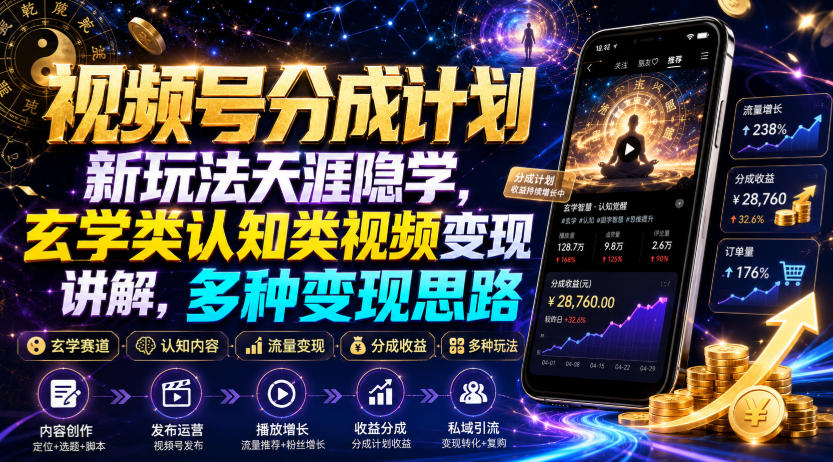视频号分成计划新玩法天涯隐学，玄学类认知类视频变现讲解，多种变现思路-创业网 - 最新网络创业项目与实战营销教程平台 | cye.cc
