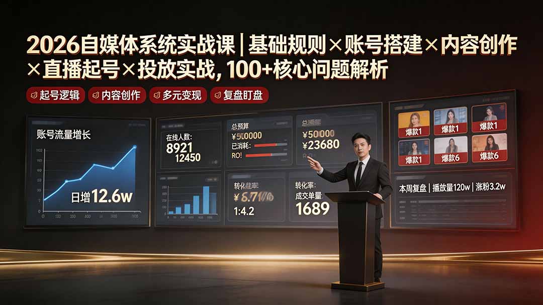 2026自媒体系统实战课｜基础规则×账号搭建×内容创作×直播起号×投放实战，100+核心问题解析-创业网 - 最新网络创业项目与实战营销教程平台 | cye.cc
