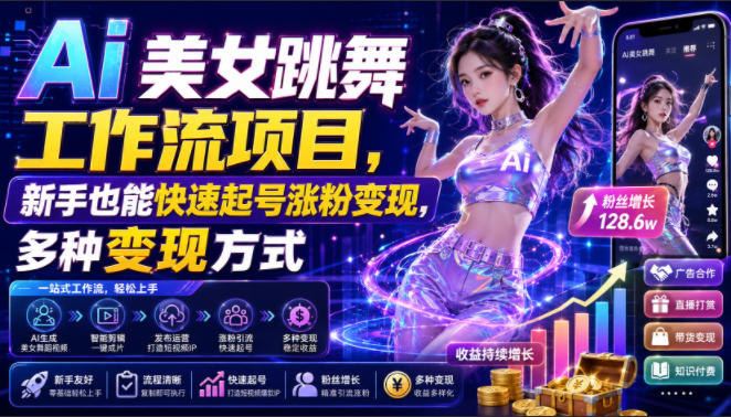 Ai美女跳舞工作流项目，新手也能快速起号涨粉变现，多种变现方式-创业网 - 最新网络创业项目与实战营销教程平台 | cye.cc