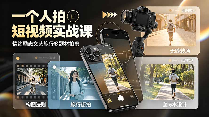 一个人拍短视频实战课：情绪励志文艺旅行多题材×五大景别×黄金构图×八大运镜，从拍摄到成片高效创作-创业网 - 最新网络创业项目与实战营销教程平台 | cye.cc
