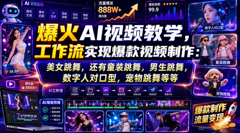 爆火AI视频教学，工作流实现爆款视频制作：美女跳舞，还有童装跳舞，男生跳舞，数字人对口型，宠物跳舞等等-创业网 - 最新网络创业项目与实战营销教程平台 | cye.cc