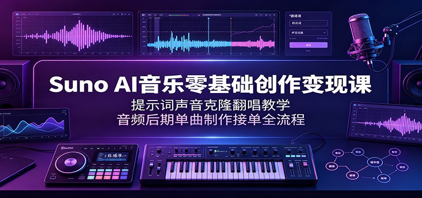 Suno AI音乐零基础创作变现课：提示词声音克隆翻唱教学，音频后期单曲制作接单全流程-创业网 - 最新网络创业项目与实战营销教程平台 | cye.cc