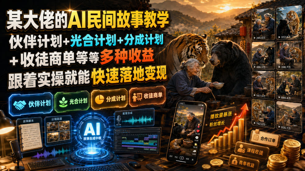 某大佬的AI民间故事教学，伙伴计划+光合计划+分成计划+收徒商单等多种收益，跟着实操就能快速落地变现-创业网 - 最新网络创业项目与实战营销教程平台 | cye.cc