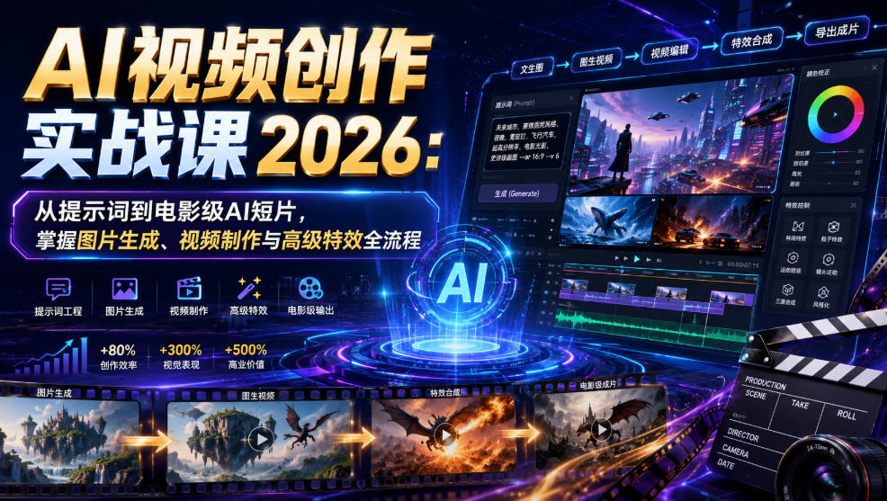 AI视频创作实战课2026：从提示词到电影级AI短片，掌握图片生成、视频制作与高级特效全流程-创业网 - 最新网络创业项目与实战营销教程平台 | cye.cc