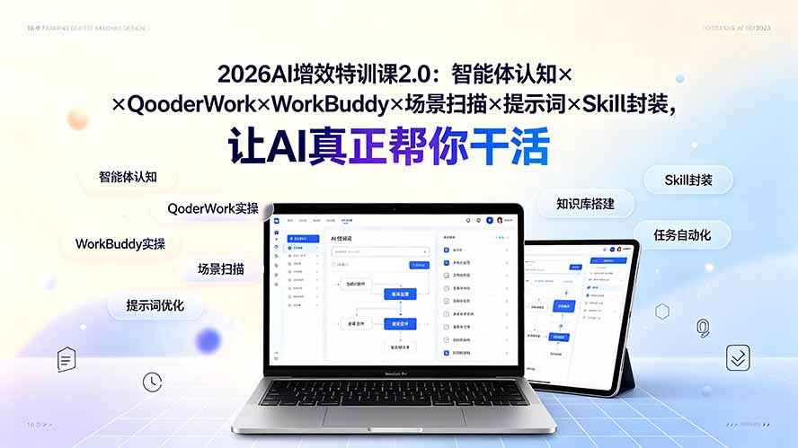 2026AI增效特训课2.0：智能体认知×QoderWork×WorkBuddy×场景扫描×提示词×Skill封装，让AI真正帮你干活-创业网 - 最新网络创业项目与实战营销教程平台 | cye.cc