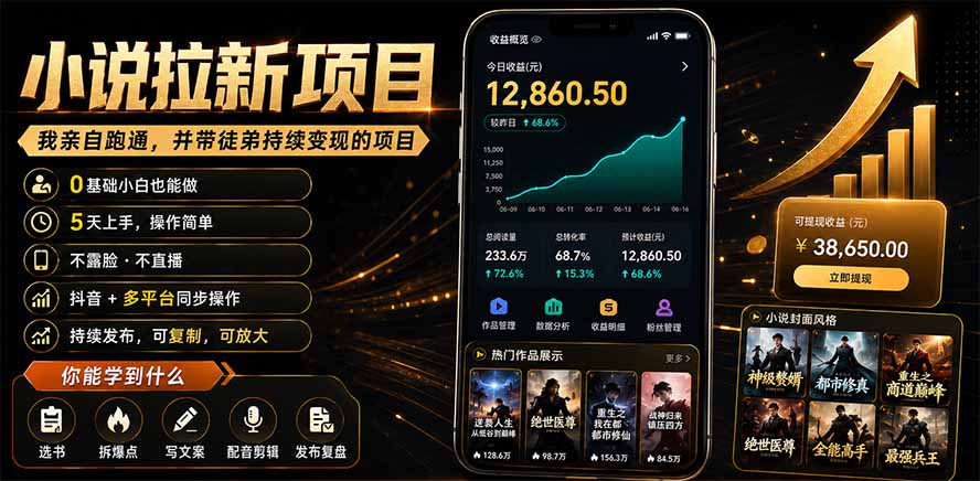 抖音及多平台小说拉新项目：我亲自跑通并持续带徒弟实操｜0基础小白5天上手快速变现-创业网 - 最新网络创业项目与实战营销教程平台 | cye.cc