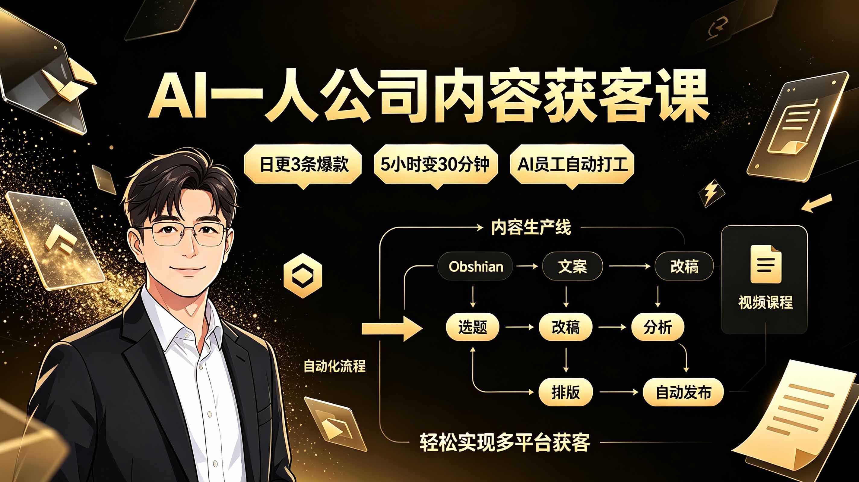 AI一人公司内容获客课：日更3条爆款×5小时变30分钟×AI员工自动打工，轻松实现多平台获客-创业网 - 最新网络创业项目与实战营销教程平台 | cye.cc