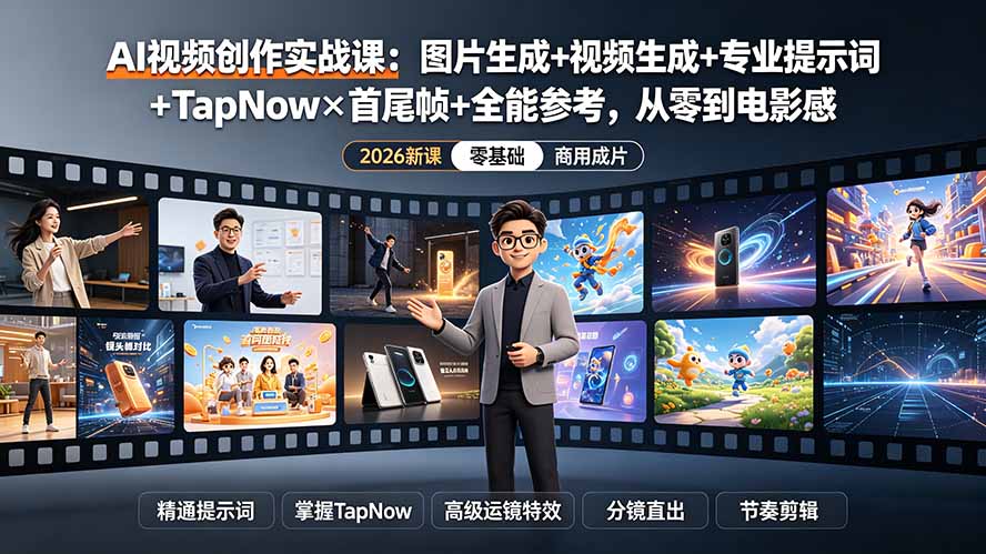 AI视频创作实战课：图片生成+视频生成+专业提示词+TapNow×首尾帧+全能参考，从零到电影感成片-创业网 - 最新网络创业项目与实战营销教程平台 | cye.cc
