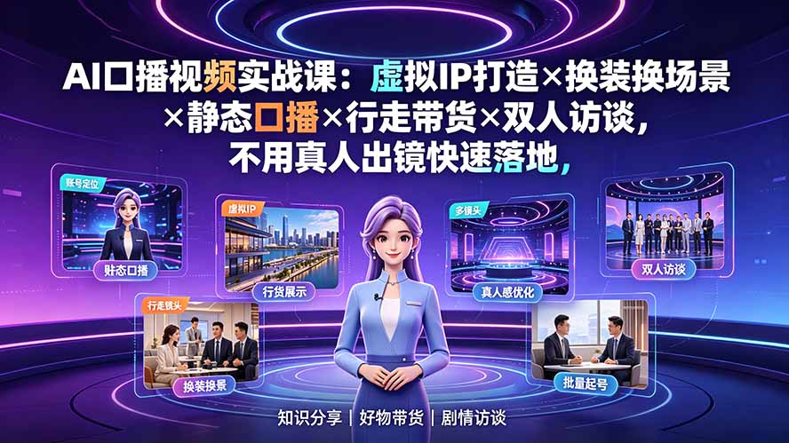 AI口播视频实战课：虚拟IP打造×换装换场景×静态口播×行走带货×双人访谈，不用真人出镜快速落地-创业网 - 最新网络创业项目与实战营销教程平台 | cye.cc