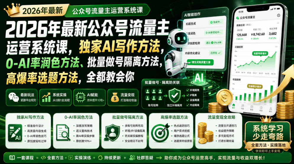 2026年最新公众号流量主运营系统课，独家AI写作方法，0-AI率润色方法、批量做号隔离方法、高爆率选题方法，全都教会你-创业网 - 最新网络创业项目与实战营销教程平台 | cye.cc
