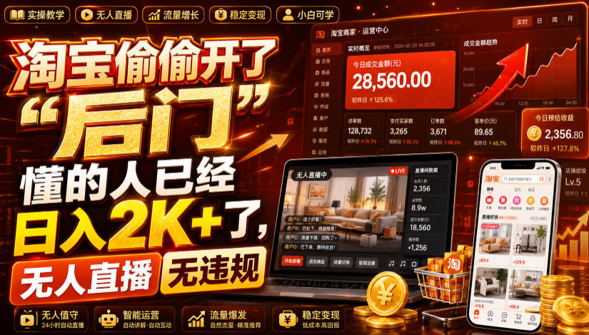 淘宝偷偷开了“后门”，懂的人已经日入2K+了，无人直播无违规，一台电脑=一家24小时营业的线上门店【揭秘】-创业网 - 最新网络创业项目与实战营销教程平台 | cye.cc