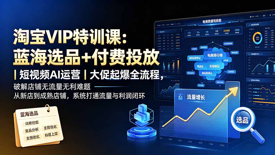 淘宝VIP特训课：蓝海选品+付费投放｜短视频AI运营｜大促起爆全流程，破解店铺无流量无利润难题-创业网 - 最新网络创业项目与实战营销教程平台 | cye.cc