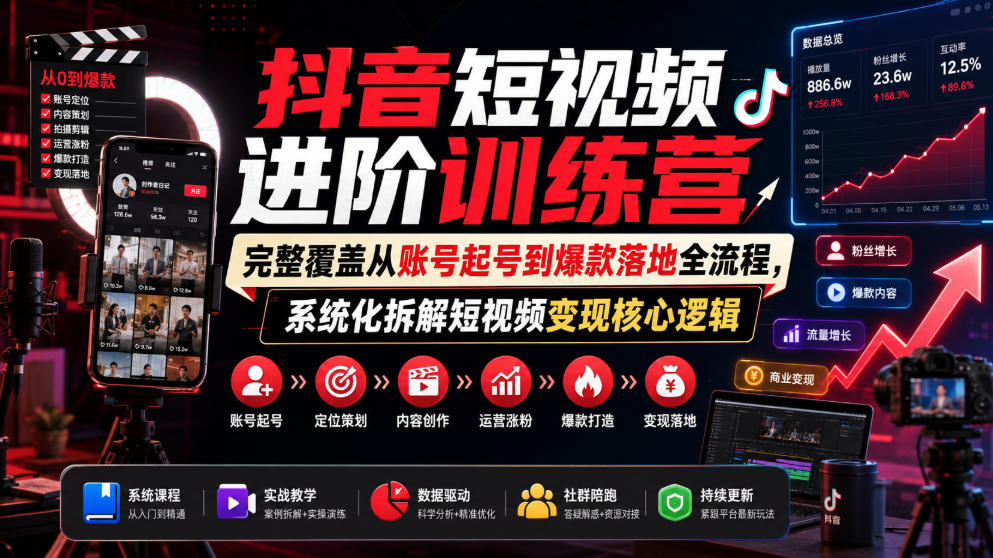 抖音短视频进阶训练营，完整覆盖从账号起号到爆款落地全流程，系统化拆解短视频变现核心逻辑-创业网 - 最新网络创业项目与实战营销教程平台 | cye.cc