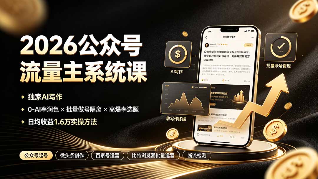 2026公众号流量主系统课：独家AI写作×0-AI率润色×批量做号隔离×高爆率选题，日均收益1.6万实操方法-创业网 - 最新网络创业项目与实战营销教程平台 | cye.cc