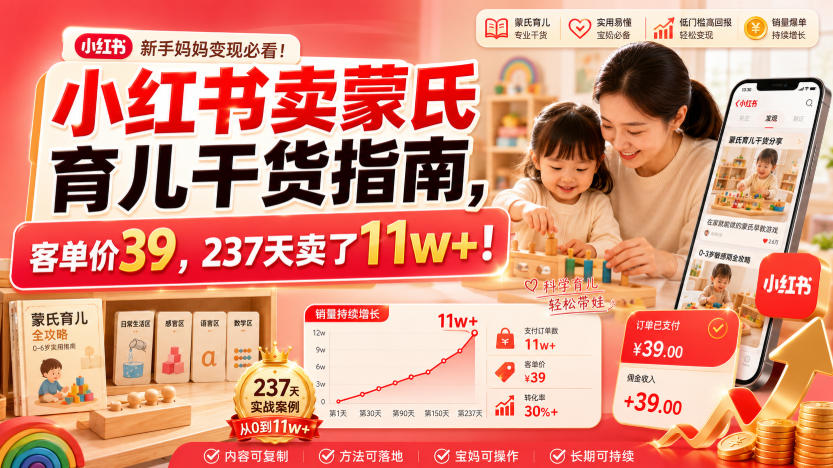 小红书卖蒙氏育儿干货指南，客单价39，237天卖了11w+！-创业网 - 最新网络创业项目与实战营销教程平台 | cye.cc
