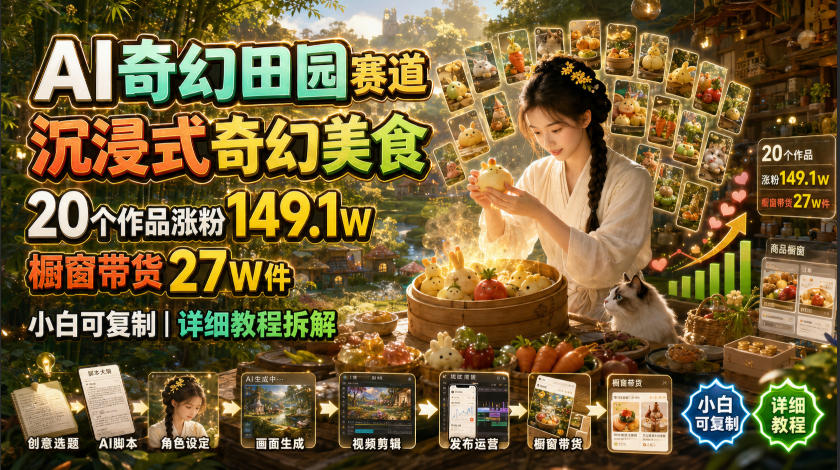 AI奇幻田园赛道，沉浸式奇幻美食，20个作品涨粉149.1W，橱窗带货27W件，小白可复制，详细教程拆解-创业网 - 最新网络创业项目与实战营销教程平台 | cye.cc