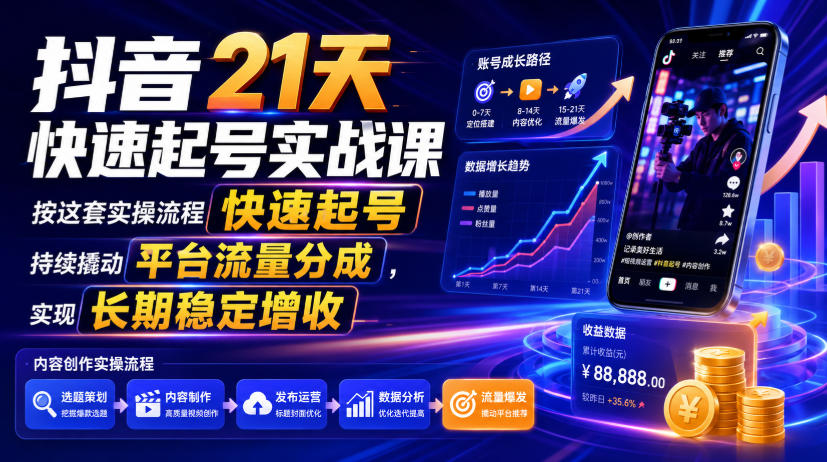 抖音21天快速起号实战课，按这套实操流程快速起号，持续撬动平台流量分成，实现长期稳定增收-创业网 - 最新网络创业项目与实战营销教程平台 | cye.cc