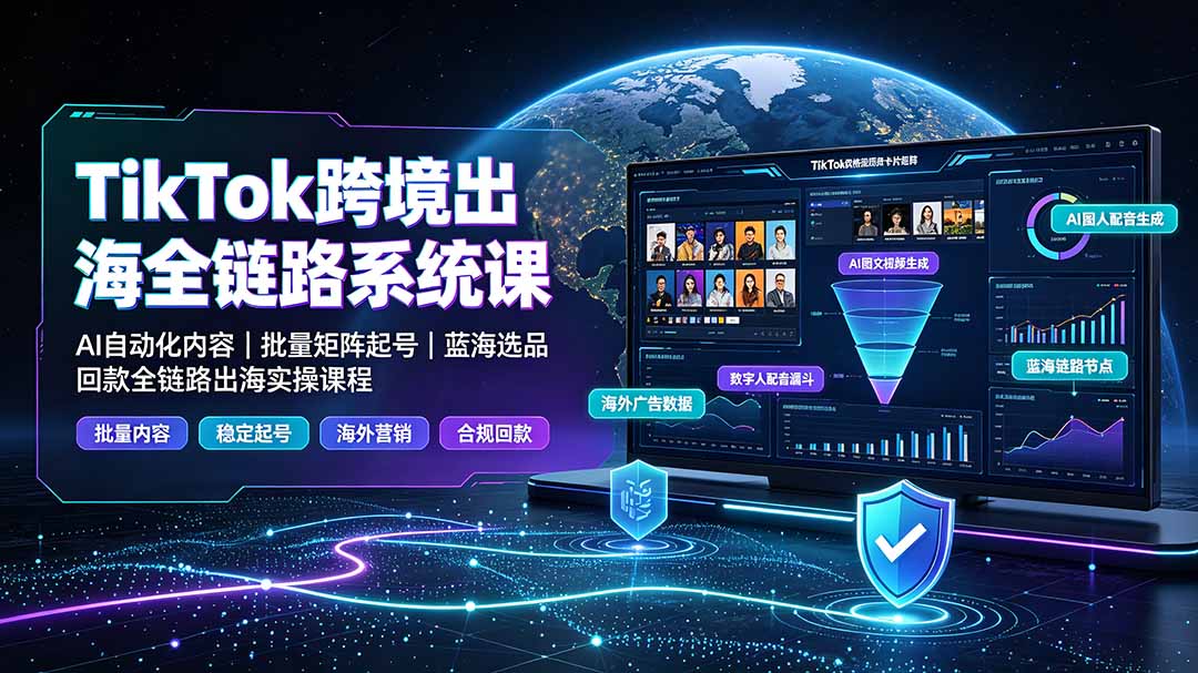 TikTok跨境出海全链路系统课-2026年7月：AI自动化内容｜批量矩阵起号｜蓝海选品回款全链路出海实操课程-创业网 - 最新网络创业项目与实战营销教程平台 | cye.cc