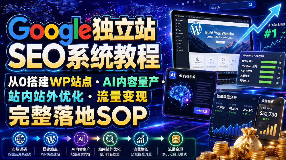 Google独立站SEO系统教程，从0搭建WP站点・AI内容量产・站内站外优化・流量变现完整落地SOP(2026年7月)-创业网 - 最新网络创业项目与实战营销教程平台 | cye.cc