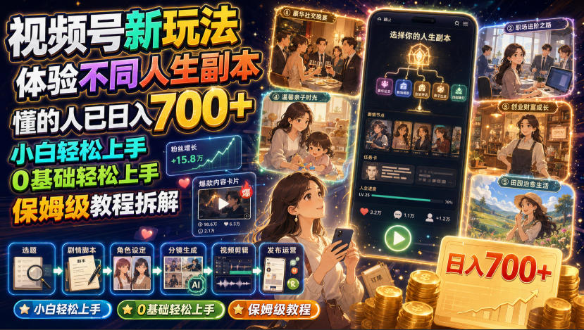 视频号新玩法体验不同人生副本，懂的人已日入700+，小白轻松上手，0基础轻松上手，保姆级教程拆解-创业网 - 最新网络创业项目与实战营销教程平台 | cye.cc