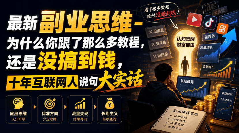 最新副业思维-为什么你跟了那么多教程，还是没搞到钱，十年互联网人说句大实话【揭秘】-创业网 - 最新网络创业项目与实战营销教程平台 | cye.cc
